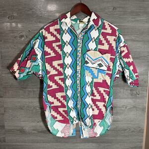 Vintage Sakura Sport Abstract Colorful Aztec Shirt W Buttons Front & Back